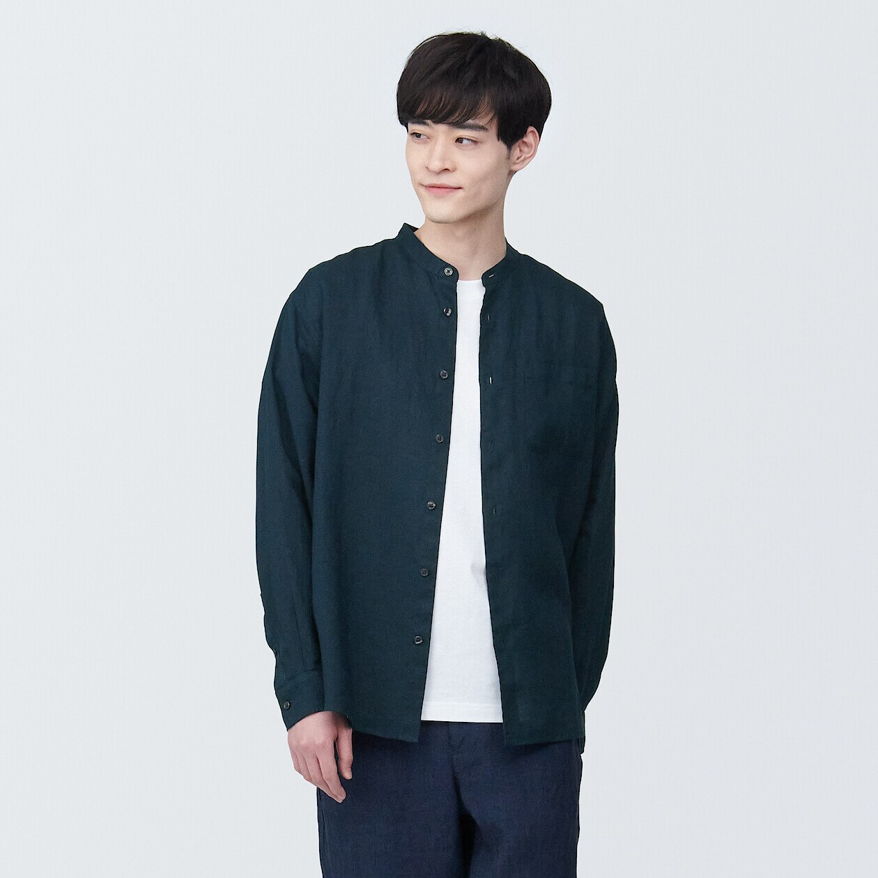 Shop Linen Washed Stand Collar Long Sleeve Shirt online | Muji UAE